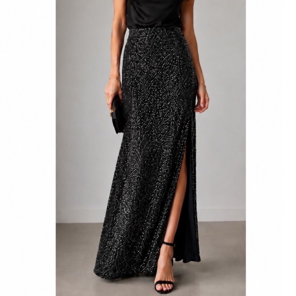 VTG Sean Collection  Beaded Maxi Skirt Black Bugle Bead Side Slits Formal Sz XS